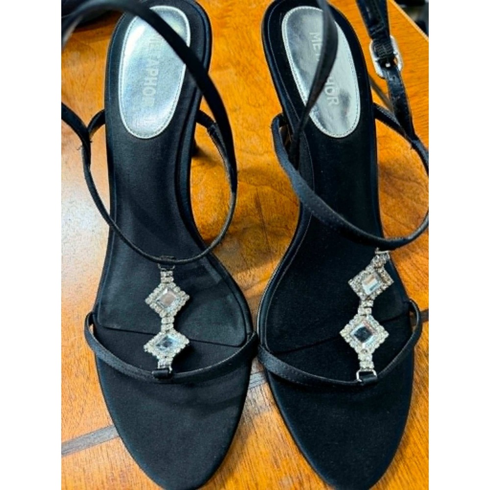 Metaphor Women's 8.5 Victoria Black Satin Rhinestone T-Strap Heeled Sandals